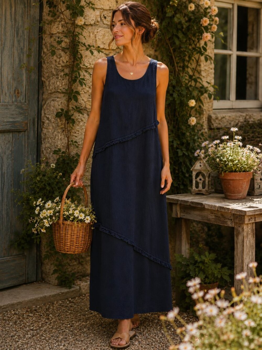 Vintage Potato USA Navy Blue 100% Linen Sleeveless Maxi Dress Ruffle Front Large